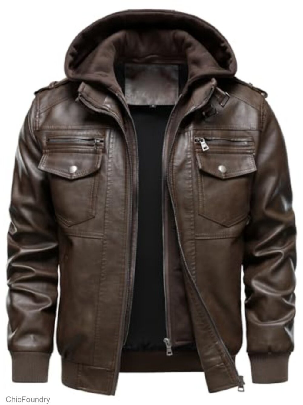Men's Faux Leather Motorcycle Jacket with Hood, Windproof